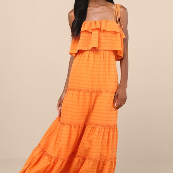 Lulus Dresses & Skirts - Lulus Inaya Orange Textured Tie-strap Tiered Maxi Dress - Size L